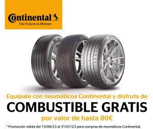 Imagen promocional de Contiental con tres neumáticos y el texto "Equípate con neumáticos Contiental y disfruta de combustible gratis por valor de hasta 80€"