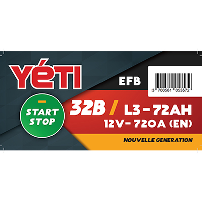 YETI - Batería de coche 12V Start & Stop 72AH 720A L3 (n°32B)